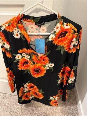 Amazon Black Tunic with Vibrant Orange Sunflower & White Daisy Print